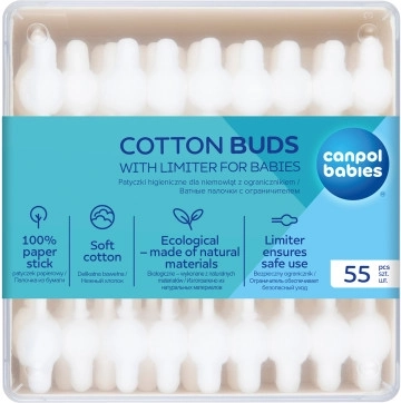 Памучни клечки с ограничител за деца CANPOL BABIES, хартиени, 55 бр