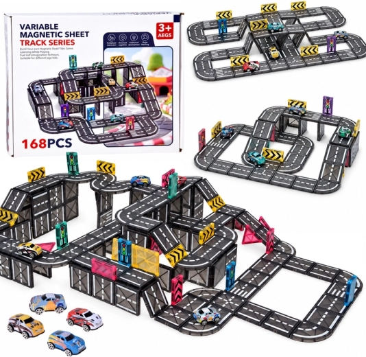 Magnetic Road Track Construction Set with 168 Pieces, 4 Cars and Traffic Signs