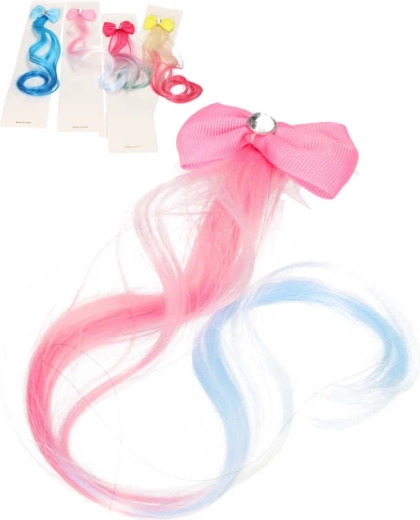 Children’s hair clip-in extension with colorful strand and bow 29 cm - 1 piece
