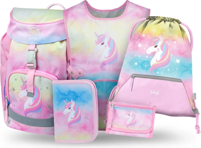 Комплект Baagl 5 Airy Rainbow Unicorn – ученическа раница, несесер, торбичка, престилка и портмоне