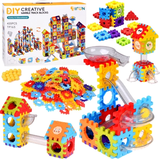 Wafle Construction Blocks with 360° Marble Run – 435 Pieces