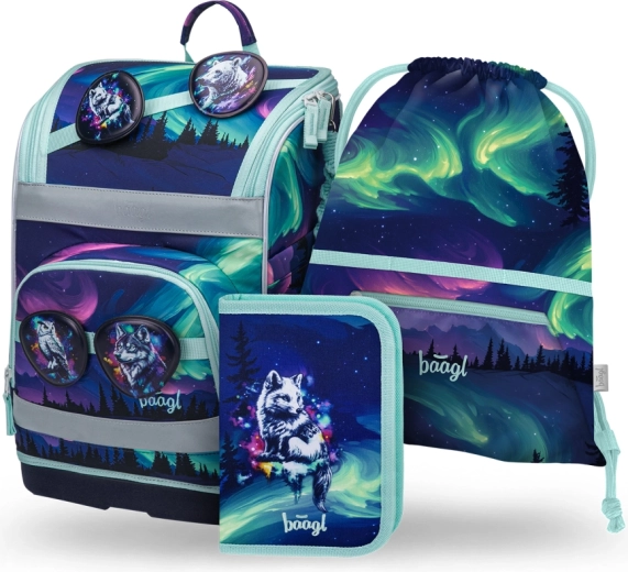 Baagl school set Zippy Plus Aurora – satchel, pencil case and drawstring bag with GRS certification