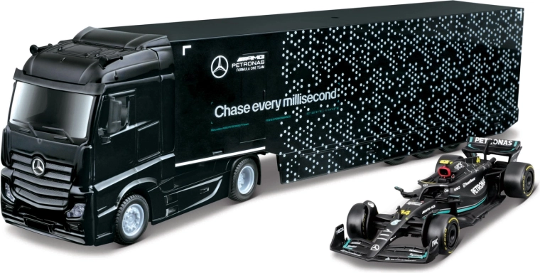 Bburago tractor truck with trailer for F1 transport and Mercedes-AMG Petronas W15 (2024) model George Russell 1:43