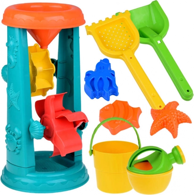 Голям комплект пясъчни играчки с кофичка, гребло и водно колело