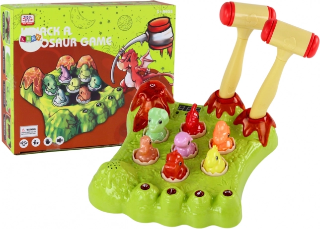 Dinosaur mole-whacking game with two hammers