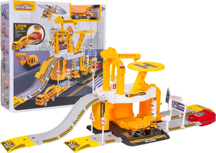 Children's garage with parking lot and launcher – construction site