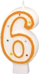 Рожденическа свещ с число 6, бяла с цветни точки