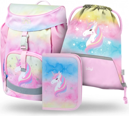 Училищен комплект BAAGL Airy Rainbow Unicorn – раница, несесер и торбичка