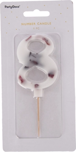 Number 8 cake candle, white with floral motif