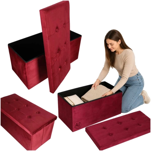 Foldable velour bench/ottoman with storage space burgundy 77 × 38 × 37 cm - 1 piece