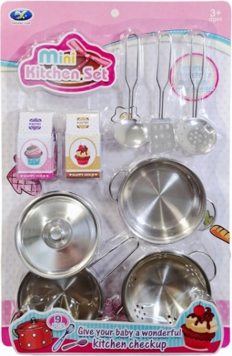 Children’s kitchen set of metal pots and cookware with accessories
