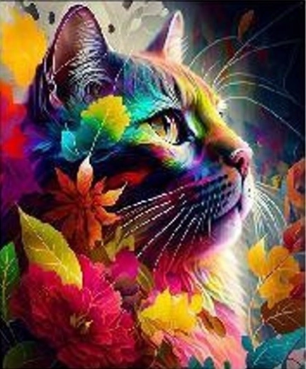 Диамантена мозайка - Цветна котка с листен фон