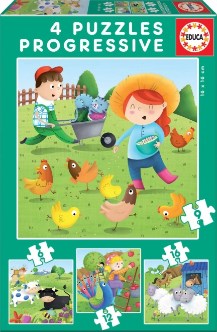 Пъзел Educa Животни от фермата 4 в 1 (6–16 части)