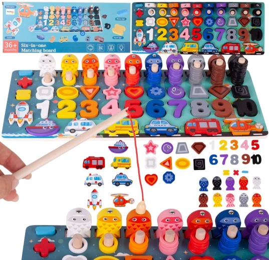 Wooden Montessori 6-in-1 Puzzle – learning to count and magnetic fish