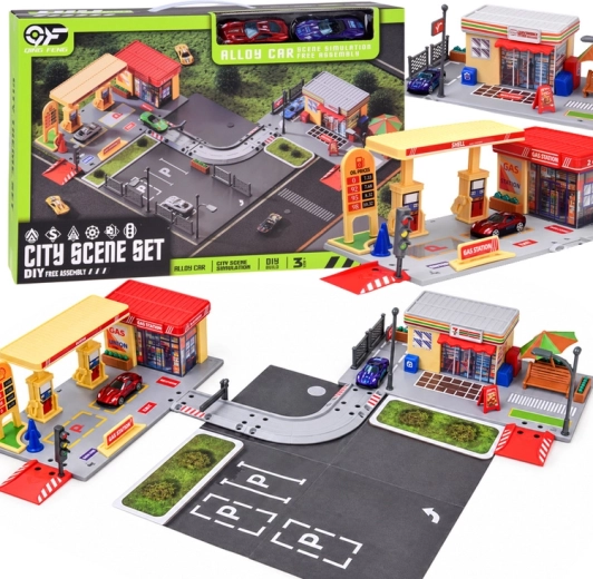 Children's petrol station with shop, road, parking lot and 2 cars