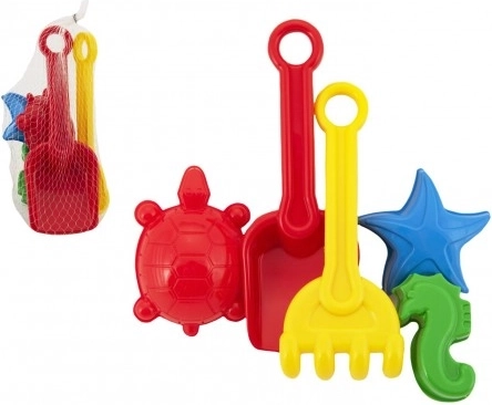 Пластмасов комплект за пясък с лопатка, гребло и формички в мрежа