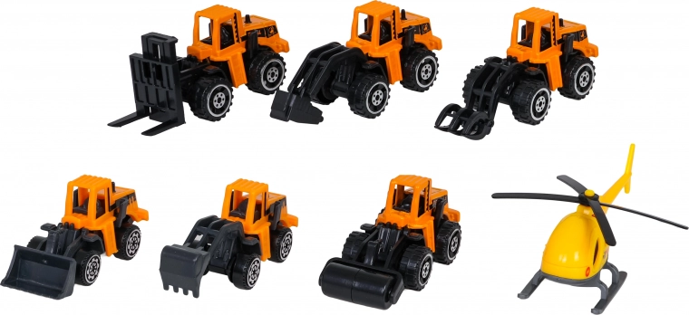 6 construction vehicles and a helicopter