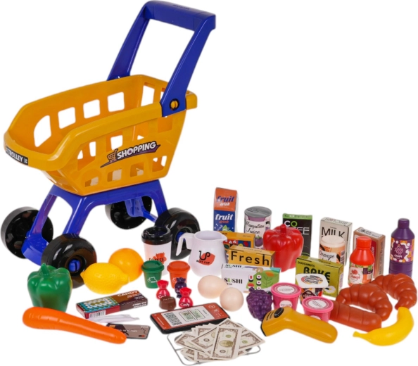 Голяма пазарска количка и куп хранителни продукти