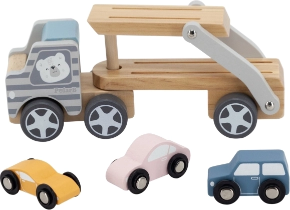 Три цветни дървени колички в комплекта