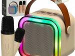 Karaoke set with Bluetooth speaker, 2 microphones and 6 W LED backlight – beige