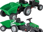 Green pedal tractor with trailer